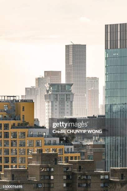 skyline view - financial hub in london - london pollution stock pictures, royalty-free photos & images