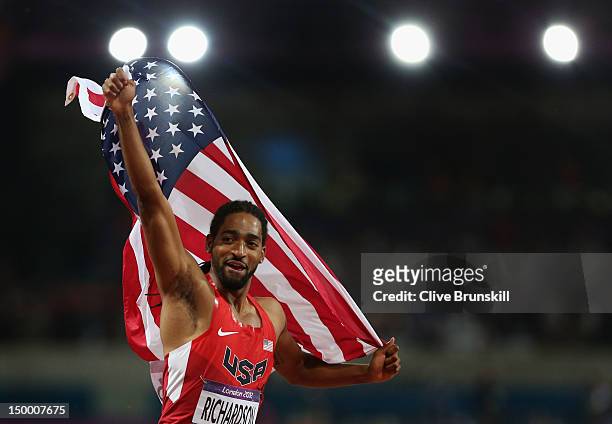 Jason Richardson of the United States celebrates after winning the silver medal in the Men's 110m Hurdles Final on Day 12 of the London 2012 Olympic...