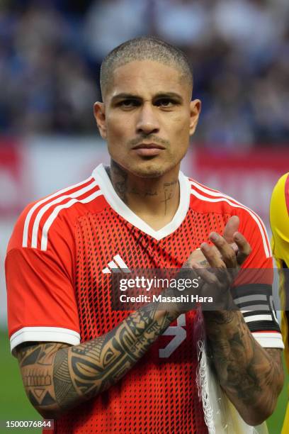 Paolo Guerrero of Peru looks on prior to the international friendly match between Japan and Peru at Panasonic Stadium Suita on June 20, 2023 in...