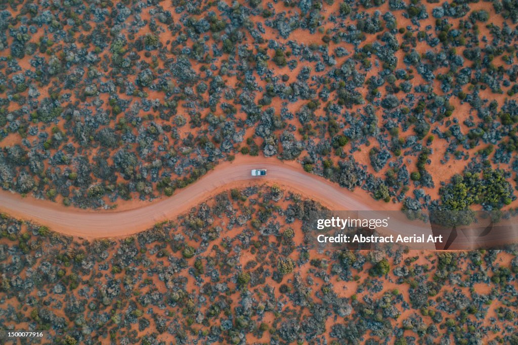 Drone perspective showing a vehicle driving on a winding dirt road in bush land, Western Australia, Australia