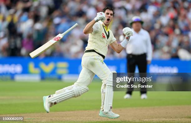 Pat Cummins of Australia celebrates after hitting the winning runs during Day Five of the LV= Insurance Ashes 1st Test match between England and...