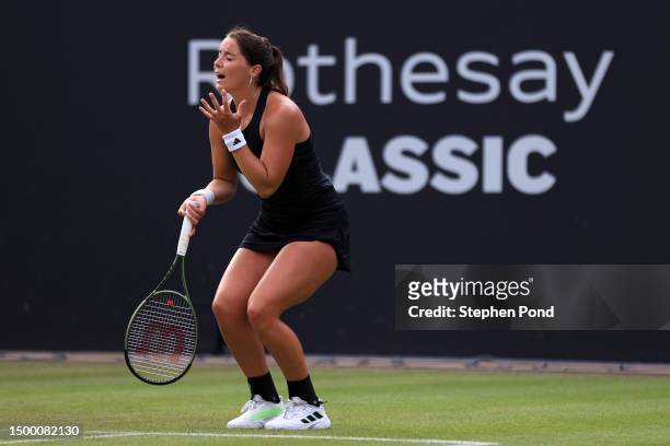 Jodie Burrage of Great Britain reacts against Harriet Dart of Great Britain in the Women's Singles First Round match during Day Four of the Rothesay...