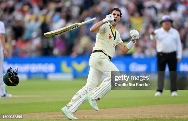 Pat Cummins of Australia celebrates after hitting the winning runs during Day Five of the LV= Insurance Ashes 1st Test match between England and...