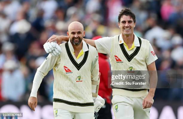 Pat Cummins of Australia celebrates after hitting the winning runs with teammate Nathan Lyon during Day Five of the LV= Insurance Ashes 1st Test...