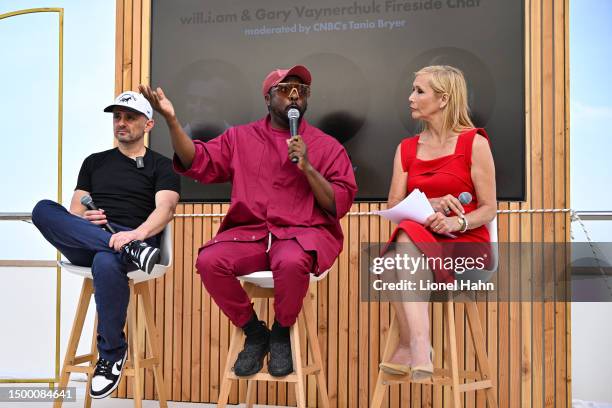 Gary Vaynerchuk, will.i.am and Tania Bryer speak during the VaynerX Rose Reception on the VaynerX Yacht on June 20, 2023 in Cannes, France.