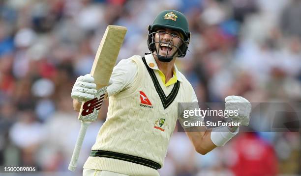 Pat Cummins of Australia celebrates after scoring the winning runs to defeat England during Day Five of the LV= Insurance Ashes 1st Test match...