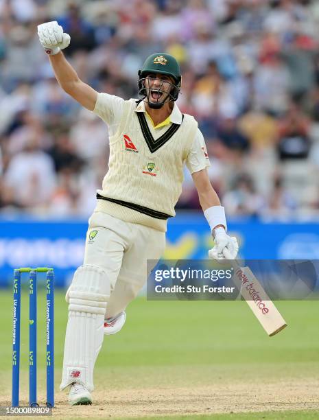 Pat Cummins of Australia celebrates after scoring the winning runs to defeat England during Day Five of the LV= Insurance Ashes 1st Test match...