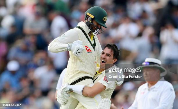 Pat Cummins of Australia celebrates after scoring the winning runs to defeat England during Day Five of the LV= Insurance Ashes 1st Test match...