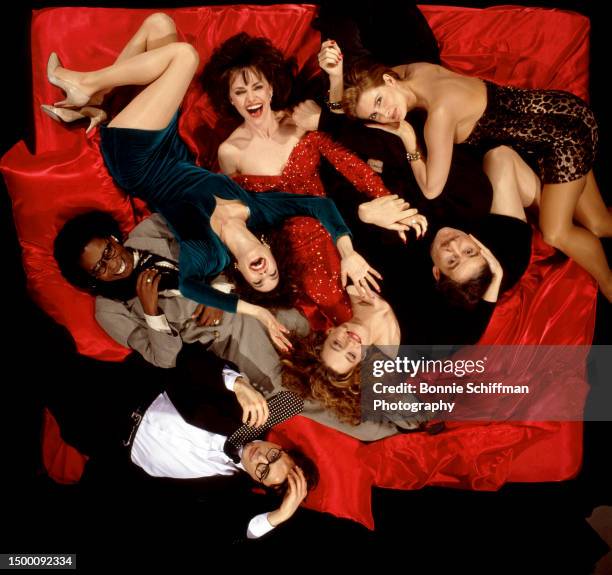 American actors Robert Downey Jr., Whoopi Goldberg, Teri Hatcher, Sally Field, a stand-in for Cathy Moriarty, Kevin Kline and Elisabeth Shue pose...