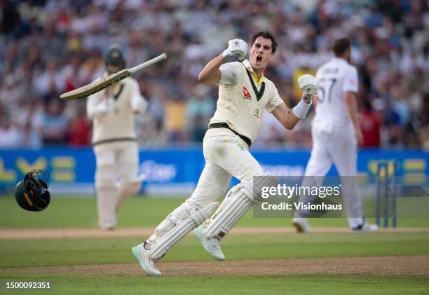 Pat Cummins of Australia celebrates after hitting the winning runs during Day Five of the LV= Insurance Ashes 1st Test match between England and...