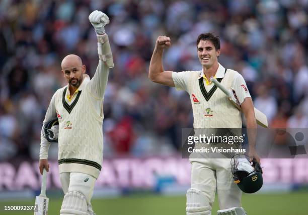 Pat Cummins of Australia celebrates with his batting partner Nathan Lyon after hitting the winning runs during Day Five of the LV= Insurance Ashes...