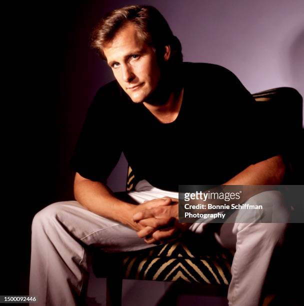 American actor Jeff Daniels, sits in a chair folding his hands in Los Angeles, California, July 8, 1990.