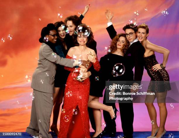 American actors Whoopi Goldberg, Teri Hatcher, Kevin Kline, Sally Field, Elisabeth Shue, Robert Downey Jr. And a stand-in for Cathy Moriarty, pose...