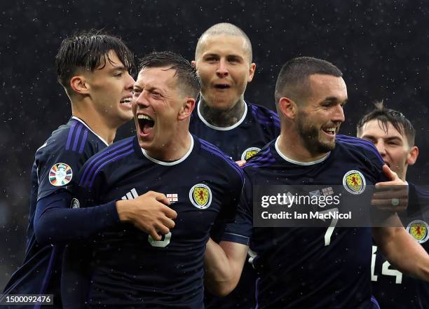 Callum McGregor of Scotland celebrates after scoring the team's first goal during the UEFA EURO 2024 qualifying round group A match between Scotland...