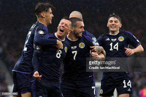 Callum McGregor of Scotland celebrates after scoring the team's first goal during the UEFA EURO 2024 qualifying round group A match between Scotland...