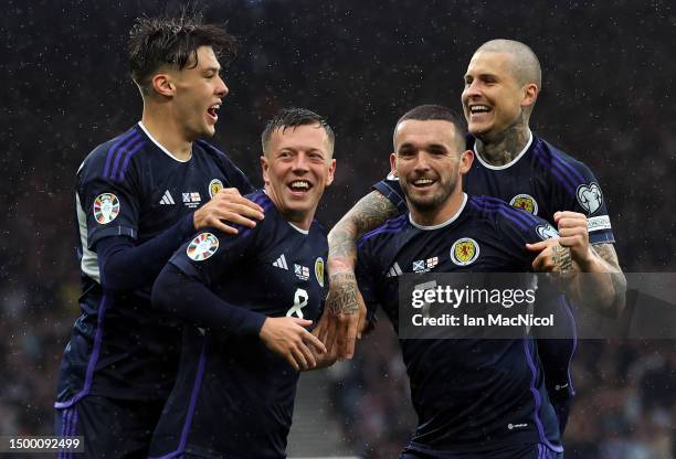 Callum McGregor of Scotland celebrates after scoring the team's first goal during the UEFA EURO 2024 qualifying round group A match between Scotland...