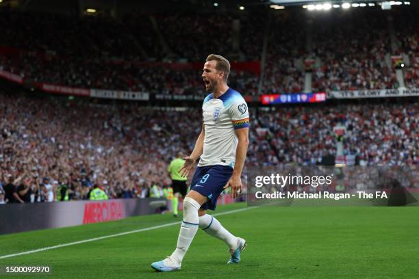 Harry Kane of England celebrates his first goal during the UEFA EURO 2024 qualifying round group C match between England and North Macedonia at Old...