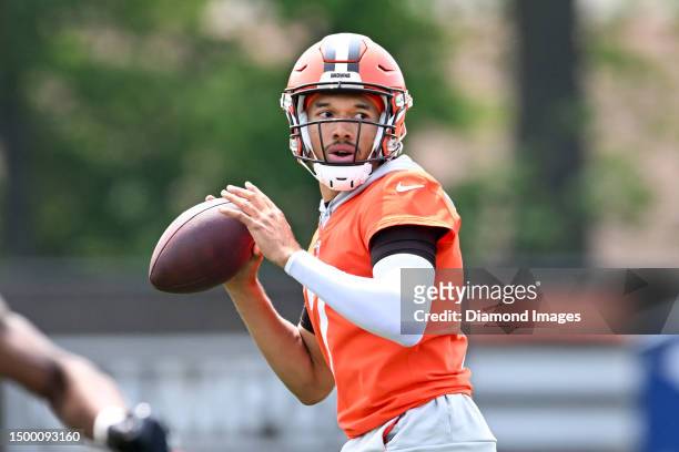 Kellen Mond of the Cleveland Browns runs a drill during the Cleveland Browns mandatory veteran minicamp at CrossCountry Mortgage Campus on June 07,...