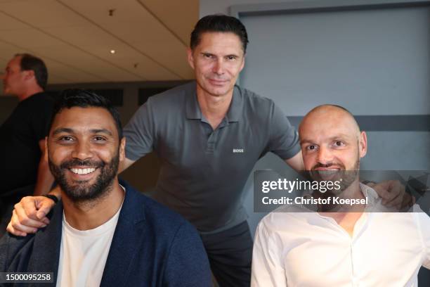 Marvin Compper , Thomas Brdaric and Heiko Westermann attend the DFB All-Stars meeting at Veltins Arena on June 20, 2023 in Gelsenkirchen, Germany.