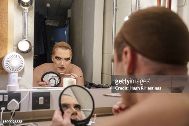 Stephen Webb prepares to go on stage to perform in the Rocky Horror Show fifty years after its world premier to about 60 people in London on June 19,...