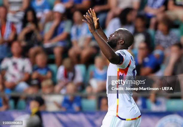 Romelu Lukaku of Belgium celebrates after scoring the team's second goal during the UEFA EURO 2024 qualifying round group E match between Estonia and...