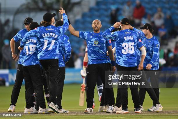 Tymal Mills of Sussex is centre of attention after dismissing Sam Billings of Kent during the Vitality Blast T20 match between Sussex Sharks and Kent...