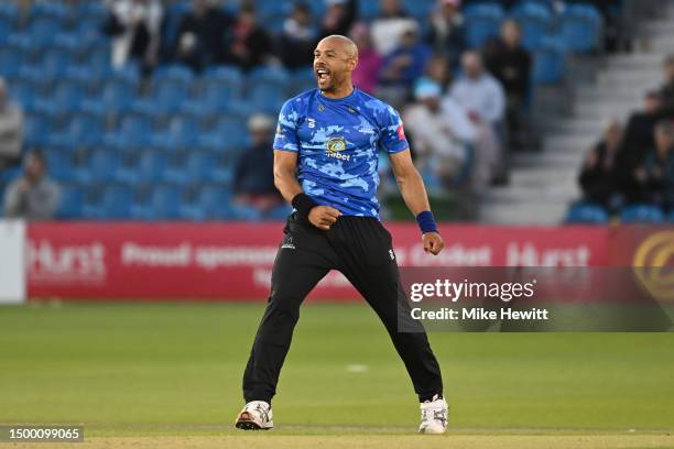 Tymal Mills of Sussex celebrates after dismissing Sam Billings of Kent during the Vitality Blast T20 match between Sussex Sharks and Kent Spitfires...