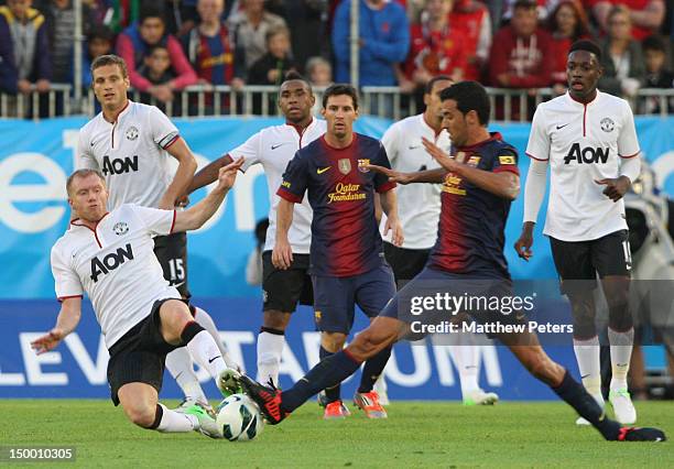 Paul Scholes of Manchester United in action during the pre-season friendly match between Manchester United and Barcelona on August 8, 2012 in...