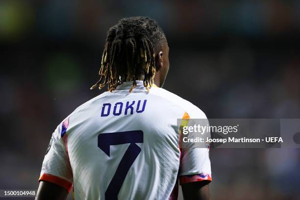 Jeremy Doku of Belgium looks on during the UEFA EURO 2024 qualifying round group E match between Estonia and Belgium at A. Le Coq Arena on June 20,...