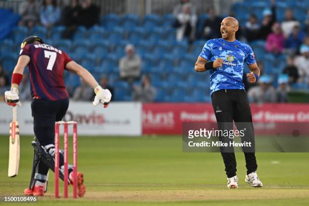 Tymal Mills of Sussex celebrates after dismissing Sam Billings of Kent during the Vitality Blast T20 match between Sussex Sharks and Kent Spitfires...