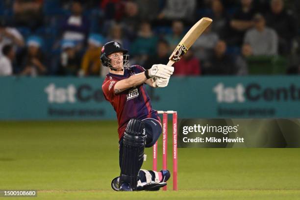 Jordan Cox of Kent smashes a six during the Vitality Blast T20 match between Sussex Sharks and Kent Spitfires at The 1st Central County Ground on...