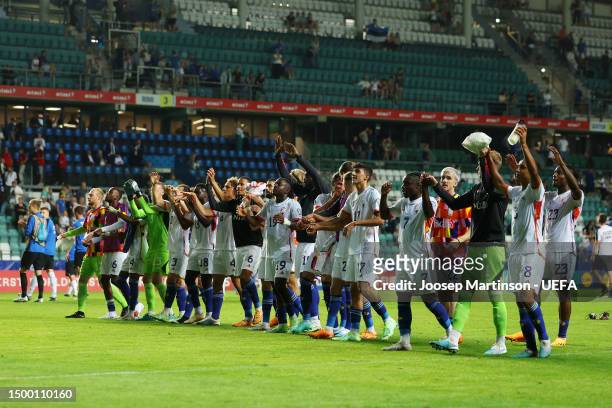 Belgium players celebrate towards the fans after the team's victory in the UEFA EURO 2024 qualifying round group E match between Estonia and Belgium...