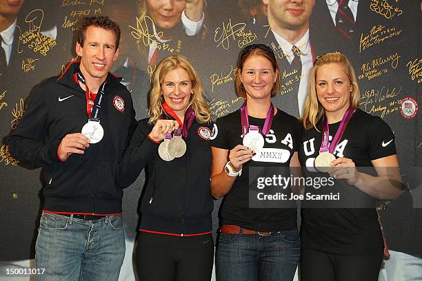 Olympic Coach Andy Sparks, U.S. Olympians Sarah Hammer, Lauren Tomayo and Jennie Reed visit the USA House at the Royal College of Art on August 8,...