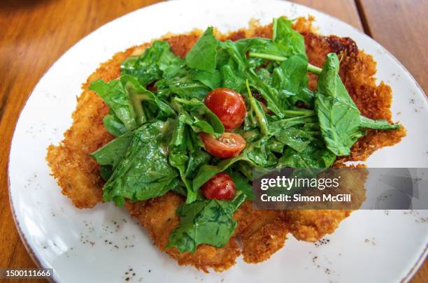 chicken milanese topped with arugula leaves and grape tomatoes - chicken parmigiana stockfoto's en -beelden