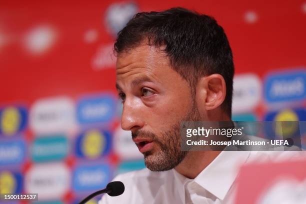 Domenico Tedesco, Head Coach of Belgium, speaks to the media during the post match press conference in the UEFA EURO 2024 qualifying round group E...