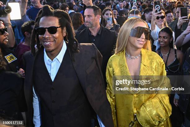 Jay Z and Beyoncé attend the Louis Vuitton Menswear Spring/Summer 2024 show as part of Paris Fashion Week on June 20, 2023 in Paris, France.