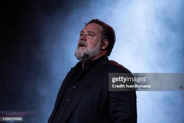 Russell Crowe performs in Teatro Politeama during Magna Grecia Film Festival on June 20, 2023 in Catanzaro, Italy.