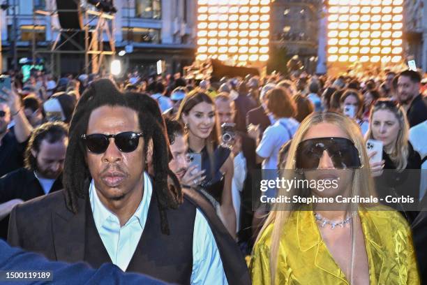 Jay-Z and Beyoncé arrive at the Louis Vuitton Menswear Spring/Summer 2024 show as part of Paris Fashion Week on June 20, 2023 in Paris, France.