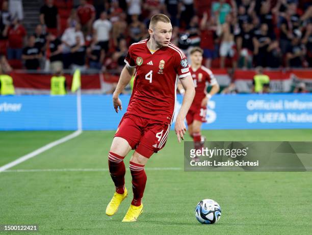 Attila Szalai of Hungary controls the ball during the UEFA EURO 2024 qualifying round group G match between Hungary and Lithuania at Puskas Arena on...