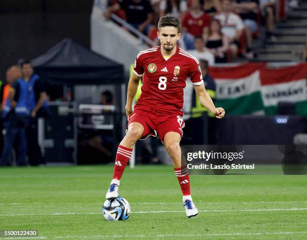 Adam Nagy of Hungary controls the ball during the UEFA EURO 2024 qualifying round group G match between Hungary and Lithuania at Puskas Arena on June...