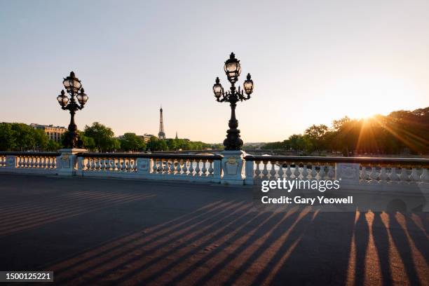 eiffel tower from port alexandre 111 at sunset - pont alexandre iii stock pictures, royalty-free photos & images