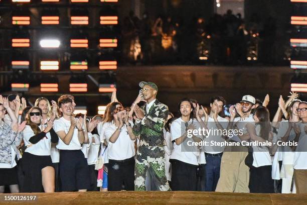 Fashion designer Pharrell Williams walk the runway during the Louis Vuitton Menswear Spring/Summer 2024 show as part of Paris Fashion Week on June...