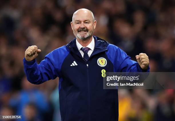 Steve Clarke, Head Coach of Scotland, reacts after Scott McTominay scores his team's second goal during the UEFA EURO 2024 qualifying round group A...