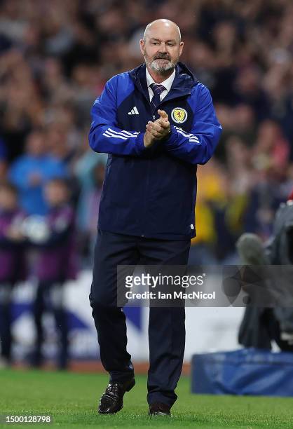 Steve Clarke, Head Coach of Scotland, reacts after Scott McTominay scores his team's second goal during the UEFA EURO 2024 qualifying round group A...