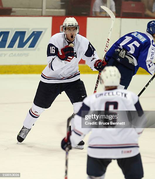 Nicolas Kerdiles of Team USA celebrates his goal at 14:59 of the third period against Team Finland at the USA hockey junior evaluation camp at the...