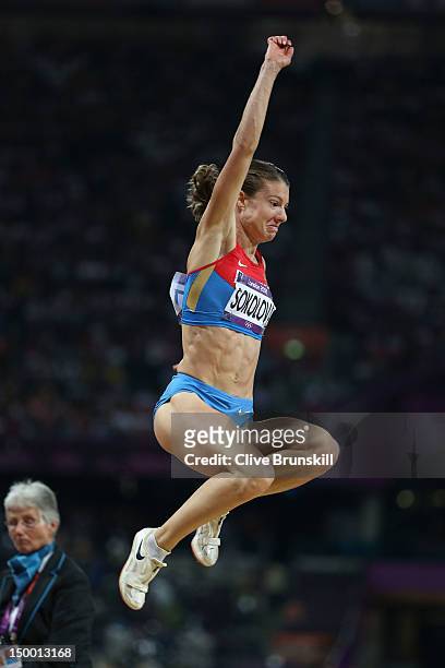 Elena Sokolova of Russia competes in the Women's Long Jump Final on Day 12 of the London 2012 Olympic Games at Olympic Stadium on August 8, 2012 in...