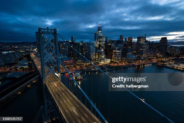 aerial view of bay bridge at twilight - san francisco bay bridge 個照片及圖片檔