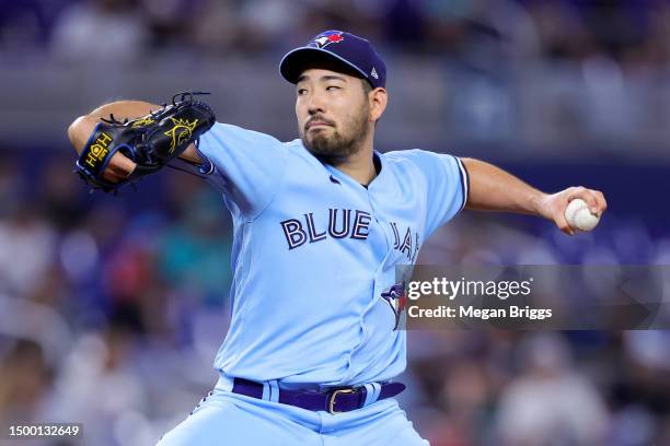 Yusei Kikuchi of the Toronto Blue Jays delivers a pitch against the Miami Marlins during the second inning at loanDepot park on June 20, 2023 in...