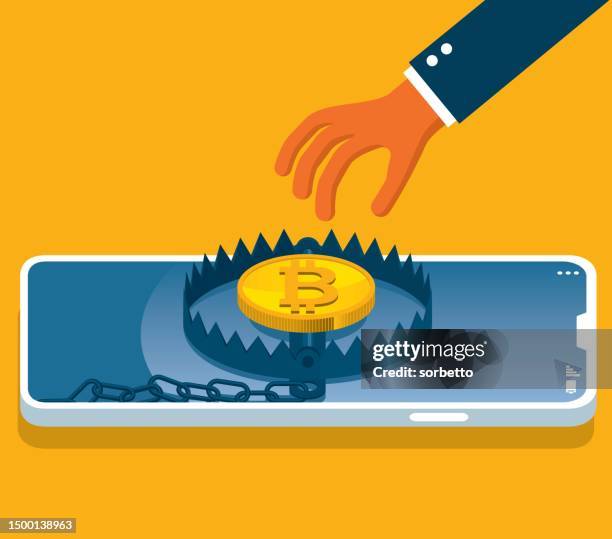 ilustraciones, imágenes clip art, dibujos animados e iconos de stock de ciberdelincuencia y fraude en línea - bitcoin - corrupción corporativa