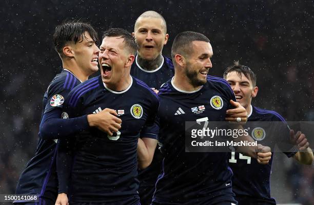 Callum McGregor of Scotland celebrates after scoring the team's first goal during the UEFA EURO 2024 qualifying round group A match between Scotland...